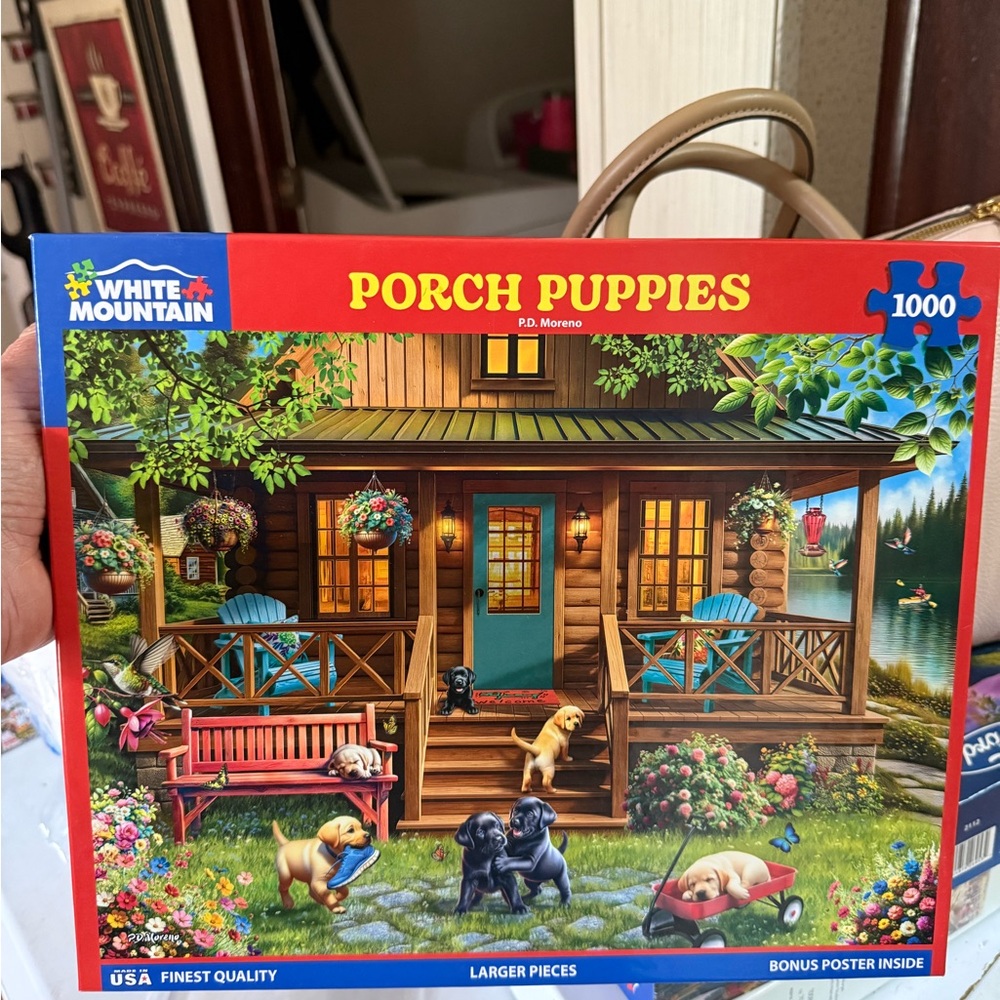 White Mountain Porch Puppies Puzzle - Red, Blue, Green, Brown